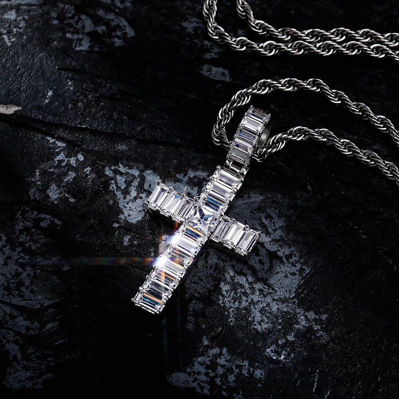 Baguette Diamond Cross Pendant - Silver | Hip Hop Pendant