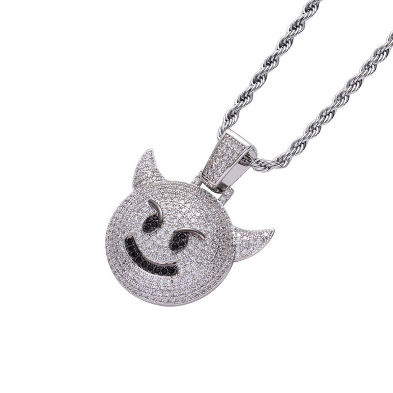 Iced Out Demon Evil Emoji Pendant - Silver-Hip Hop, Hip Hop Pendant, Iced Out, Men's Necklace, Necklaces, Pendants-NK1069-S2-800-Glitters