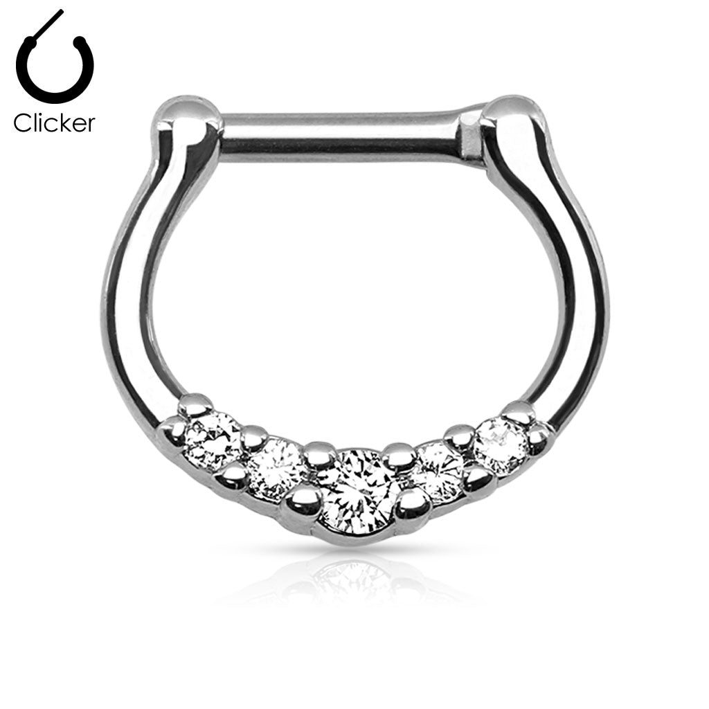316L Surgical Steel with 5 Clear C.Z Septum Clicker Ring-Body Piercing Jewellery, Cubic Zirconia, Nose, Septum Ring-NS0031-C-Glitters