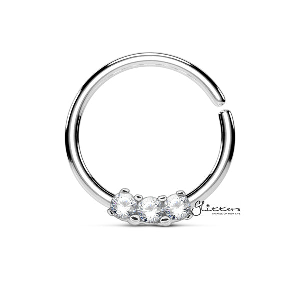 316L Surgical Steel Bendable Hoop Ring with 3 CZ Prong Set - Silver-Body Piercing Jewellery, Cartilage, Cubic Zirconia, Nose, Septum Ring-NS0083_01_5524ed87-8160-415c-bf64-a1431976797e-Glitters