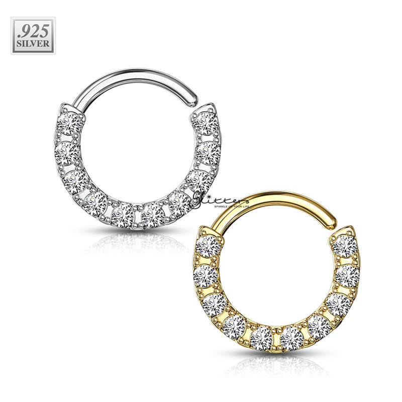 .925 Sterling Silver Bendable Hoop Ring With 10 Lined CZ - Silver | Gold-Body Piercing Jewellery, Cartilage, Cubic Zirconia, Septum Ring-NS0085_01-Glitters
