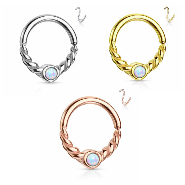 Opal Centered Braided Half Circle Bendable Segment Rings - Silver | Gold | Rose Gold-Body Piercing Jewellery, Cartilage, Cubic Zirconia, Nose, Septum Ring-NS0089_01-Glitters