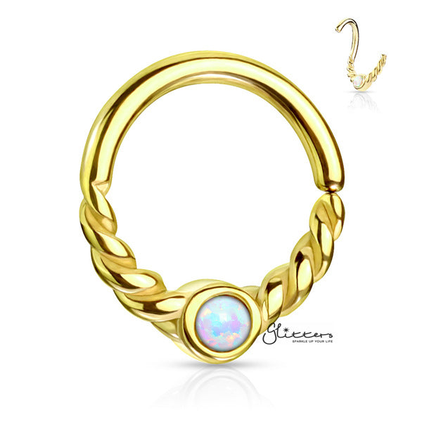 Opal Centered Braided Half Circle Bendable Segment Rings - Silver | Gold | Rose Gold-Body Piercing Jewellery, Cartilage, Cubic Zirconia, Nose, Septum Ring-NS0089_G-Glitters