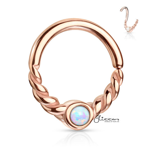 Opal Centered Braided Half Circle Bendable Segment Rings - Silver | Gold | Rose Gold-Body Piercing Jewellery, Cartilage, Cubic Zirconia, Nose, Septum Ring-NS0089_RG-Glitters
