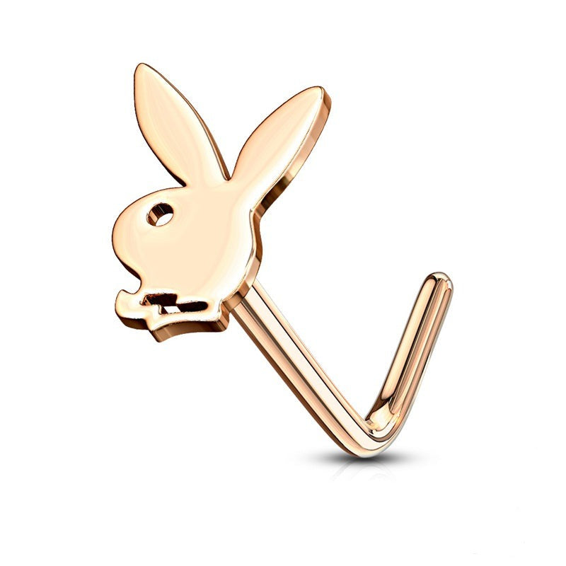 Playboy Bunny Top L Bend Nose Stud - Rose Gold-Body Piercing Jewellery, Nose Piercing Jewellery, Nose Ring, Nose Studs-NS0116-RD-800-Glitters