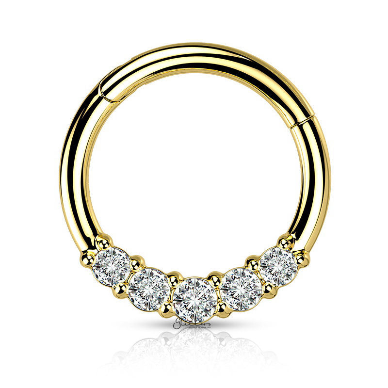 5 CZ Hinged Segment Septum Ring - Gold-Body Piercing Jewellery, Cartilage, Cubic Zirconia, Daith, Septum Ring-NS0132-G1-Glitters