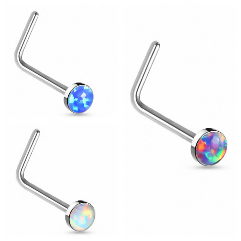 Opal Set L Bend Nose Stud Rings-Body Piercing Jewellery, L Bend, Nose Piercing Jewellery, Nose Studs-NS0134-Glitters