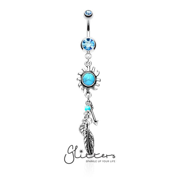 Turquoise Centered Tribal Sun with Feather and Arrows Dangle Double Gem Belly Ring-Belly Ring, Body Piercing Jewellery, Cubic Zirconia-NSQ-5022-Q_1_1-Glitters