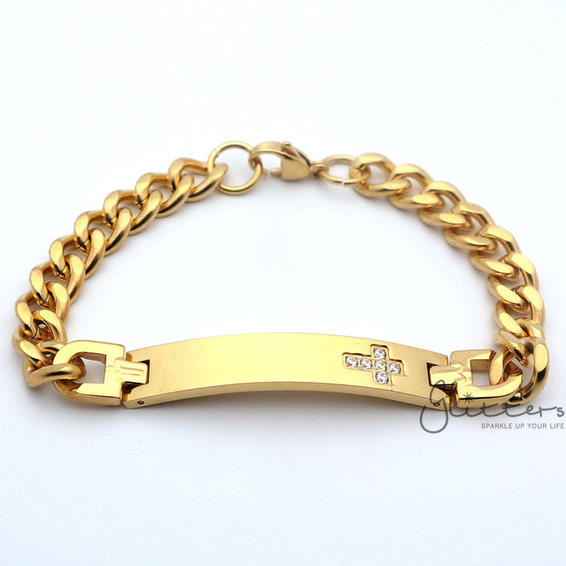 18K Gold Plated Stainless Steel Men's ID Bracelet with Cubic Zirconia Cross+Engraving-Engraved Bracelet, Engraving, Personalized-SB0035_1_7f9b4b9b-0dcf-4f32-9c7e-f52a50ccbcc2-Glitters