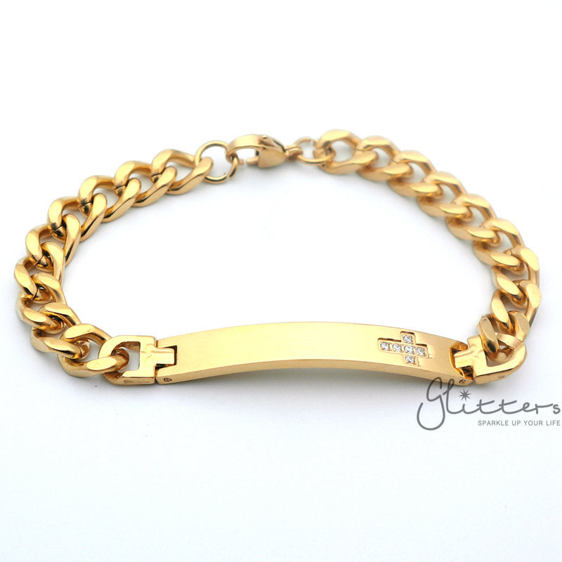 18K Gold Plated Stainless Steel Men's ID Bracelet with Cubic Zirconia Cross-Bracelets, Cubic Zirconia, Engravable, ID Bracelet, Jewellery, Men's Bracelet, Men's Jewellery, Stainless Steel, Stainless Steel Bracelet-SB0035_2-Glitters