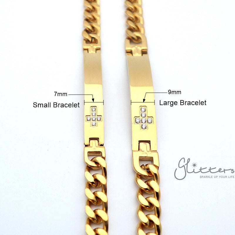 18K Gold Plated Stainless Steel Men's ID Bracelet with Cubic Zirconia Cross-Bracelets, Cubic Zirconia, Engravable, ID Bracelet, Jewellery, Men's Bracelet, Men's Jewellery, Stainless Steel, Stainless Steel Bracelet-SB0035_3__New-Glitters