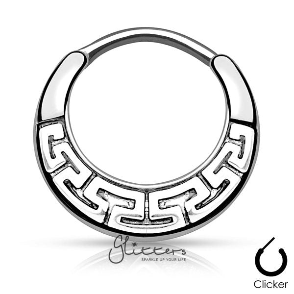 Maze Tribal Fan Design Surgical Steel Round Septum Clicker-Rhodium-Body Piercing Jewellery, Nose, Septum Ring-SEP2-80-ST-4-Glitters