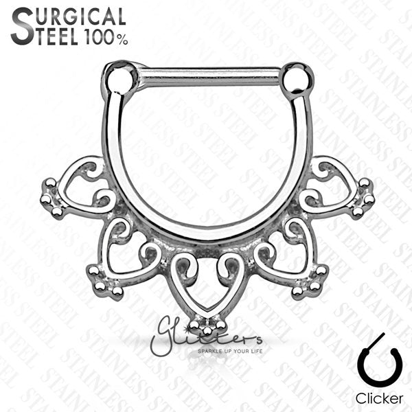 Open Heart Filigree Surgical Steel Septum Clickers-Body Piercing Jewellery, Nose, Septum Ring-SEPS-25-3-Glitters