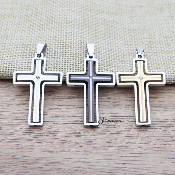 Stainless Steel Two Tone Cross with Rotatable Cross Pendant-Jewellery, Men's Jewellery, Men's Necklace, Necklaces, Pendants, Stainless Steel, Stainless Steel Pendant-SP0270-A-Glitters