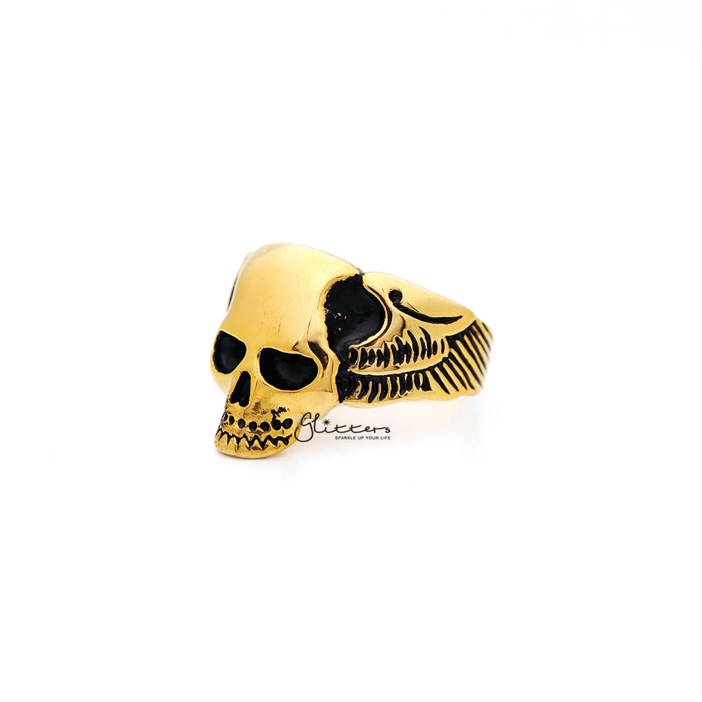 18K Gold I.P Stainless Steel Skull with Wings Casting Men's Ring-Jewellery, Men's Jewellery, Men's Rings, Rings, Stainless Steel, Stainless Steel Rings-SR0154_1000-02-Glitters
