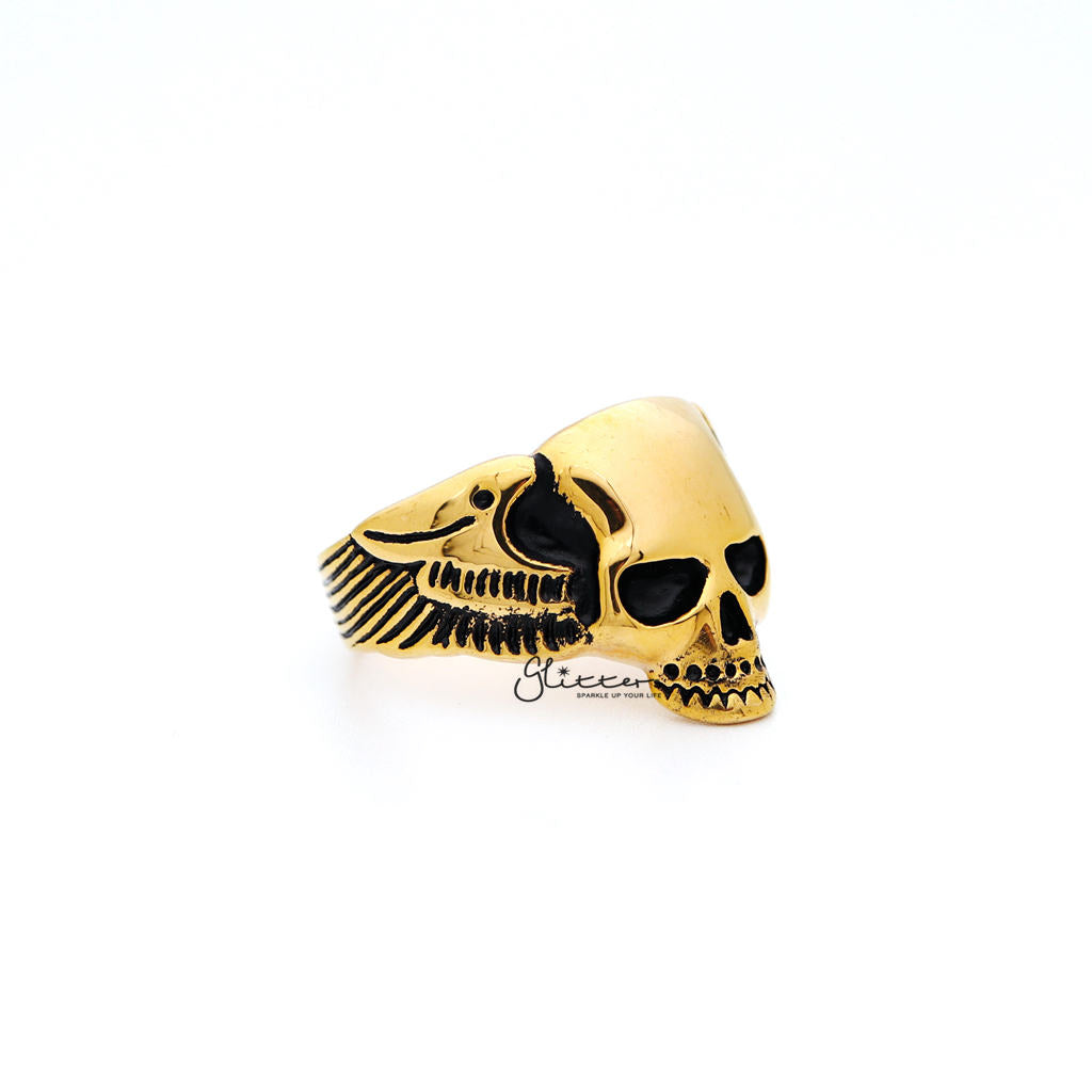18K Gold I.P Stainless Steel Skull with Wings Casting Men's Ring-Jewellery, Men's Jewellery, Men's Rings, Rings, Stainless Steel, Stainless Steel Rings-SR0154_1000-03-Glitters