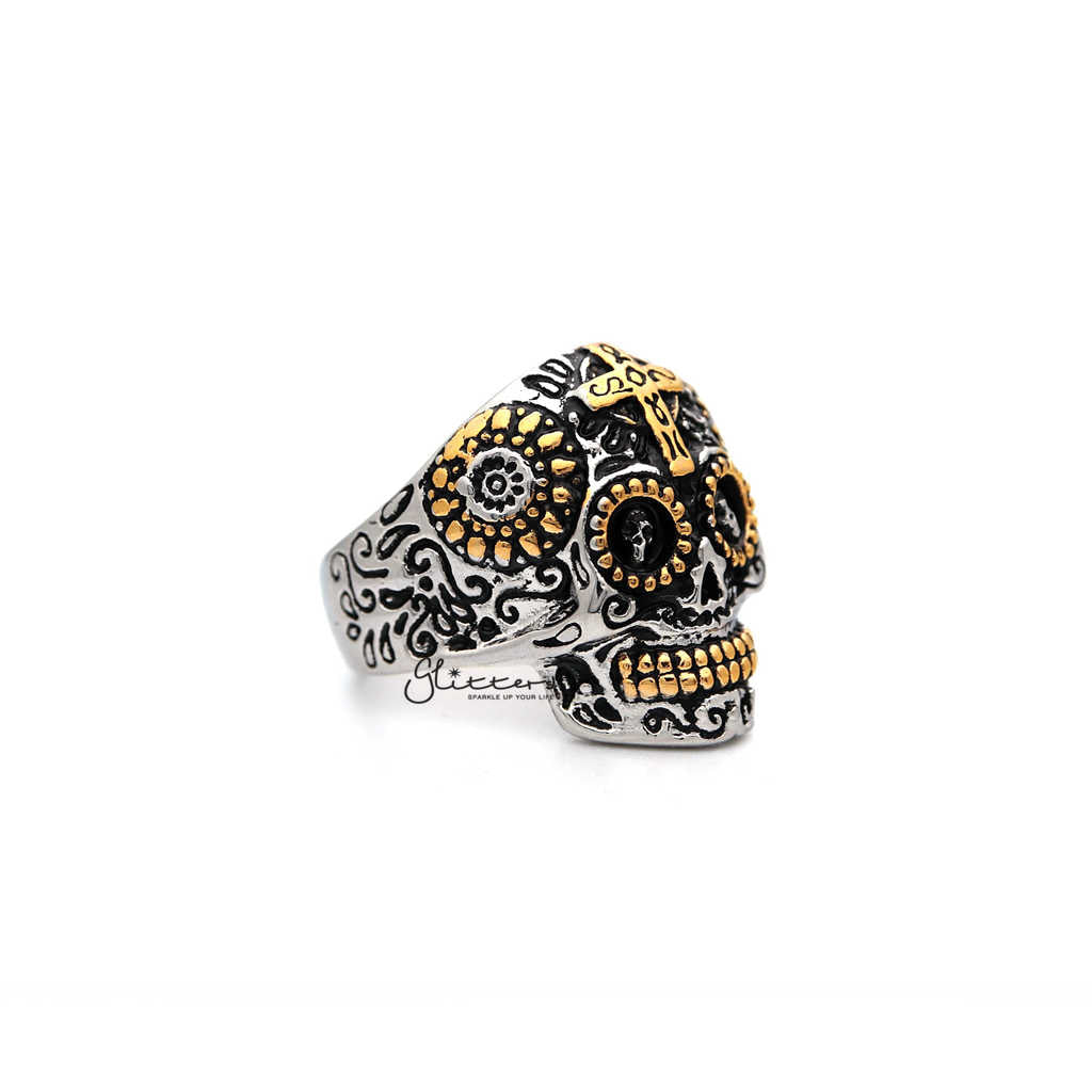 Men's Stainless Steel Two Tone Skull with Cross Casting Rings-Jewellery, Men's Jewellery, Men's Rings, Rings, Stainless Steel, Stainless Steel Rings-SR0205_1000-03-Glitters
