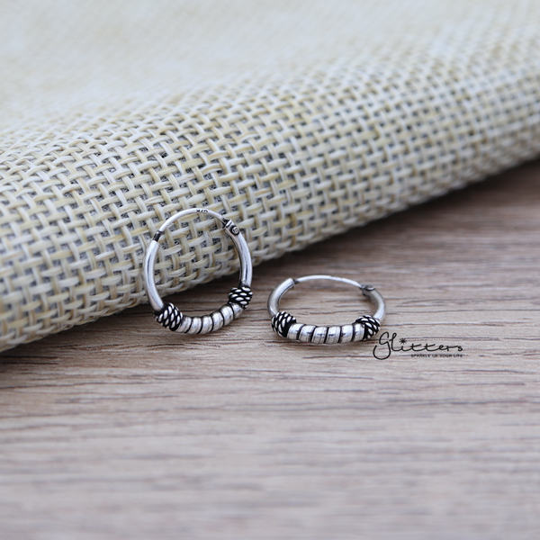 Sterling Silver Bali Hoop Sleeper Earrings - 12mm - SSE0238-earrings, Hoop Earrings, Jewellery, Women's Earrings, Women's Jewellery-SSE0238_03-Glitters