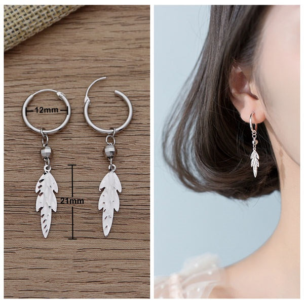 925 Sterling Silver Dangle Leaf Hoop Earrings-earrings, Hoop Earrings, Jewellery, Women's Earrings, Women's Jewellery-SSE0352-03_New-Glitters