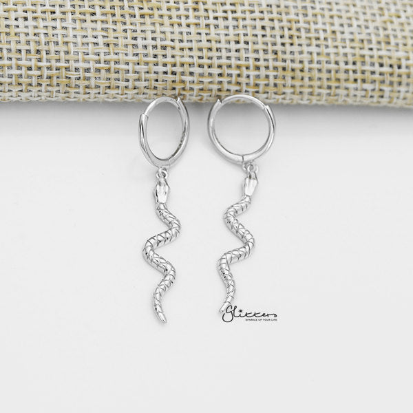 925 Sterling Silver Dangle Snake One-Touch Huggie Hoop Earrings-earrings, Hoop Earrings, Jewellery, Women's Earrings, Women's Jewellery-SSE0377-S_600-Glitters