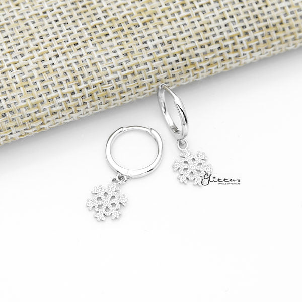 925 Sterling Silver Dangle Snowflake One-Touch Huggie Hoop Earrings-earrings, Hoop Earrings, Jewellery, Women's Earrings, Women's Jewellery-SSE0378s_600-Glitters