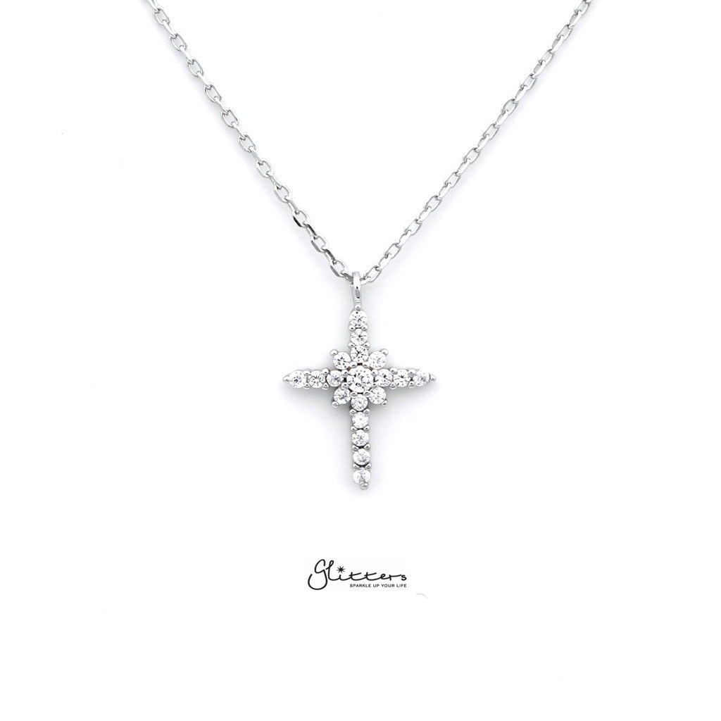 Sterling Silver CZ Paved Cross Women's Necklace with 43cm Chain-Cubic Zirconia, Jewellery, Necklaces, Sterling Silver Necklaces, Women's Jewellery, Women's Necklace-SSP0125_1000-01-Glitters