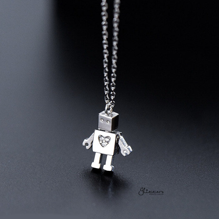 925 Sterling Silver Robot with C.Z Heart Pendant Necklace-Cubic Zirconia, Jewellery, Necklaces, Sterling Silver Necklaces, Women's Jewellery, Women's Necklace-SSP0163-02-Glitters
