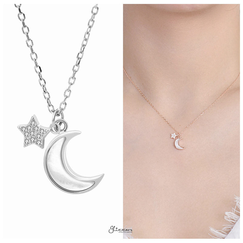 Sterling Silver Moon and Star Necklace - Silver-Cubic Zirconia, Jewellery, Necklaces, Sterling Silver Necklaces, Women's Jewellery, Women's Necklace-SSP0168-S2-Glitters