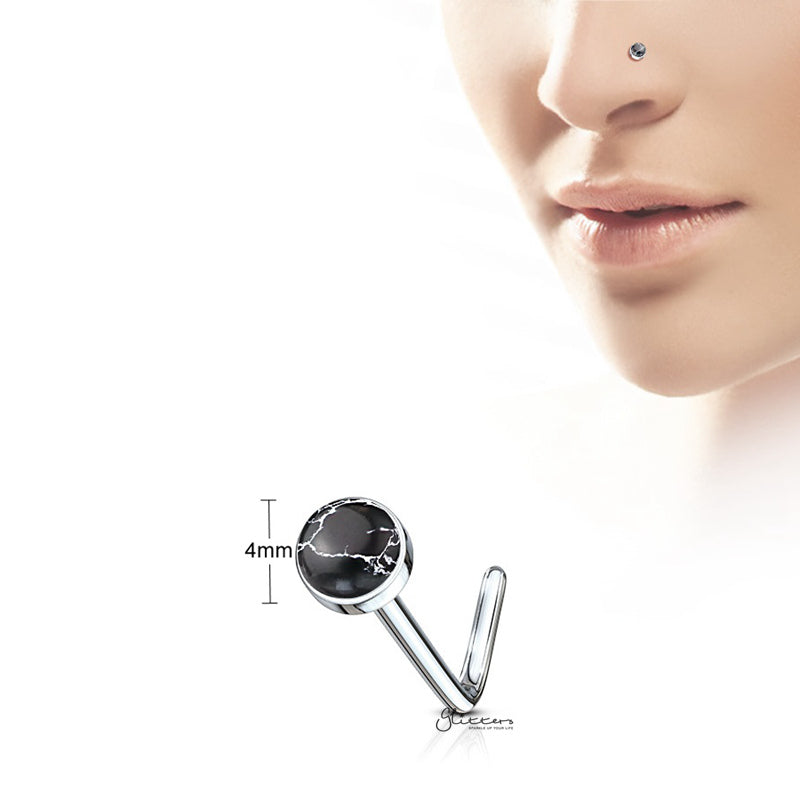 Black Agate Stone Set L Bend Nose Stud Ring-Body Piercing Jewellery, L Bend, Nose Piercing Jewellery, Nose Studs-SemiPreciousStoneSetLBendNoseStudRing-BLK-800-Glitters