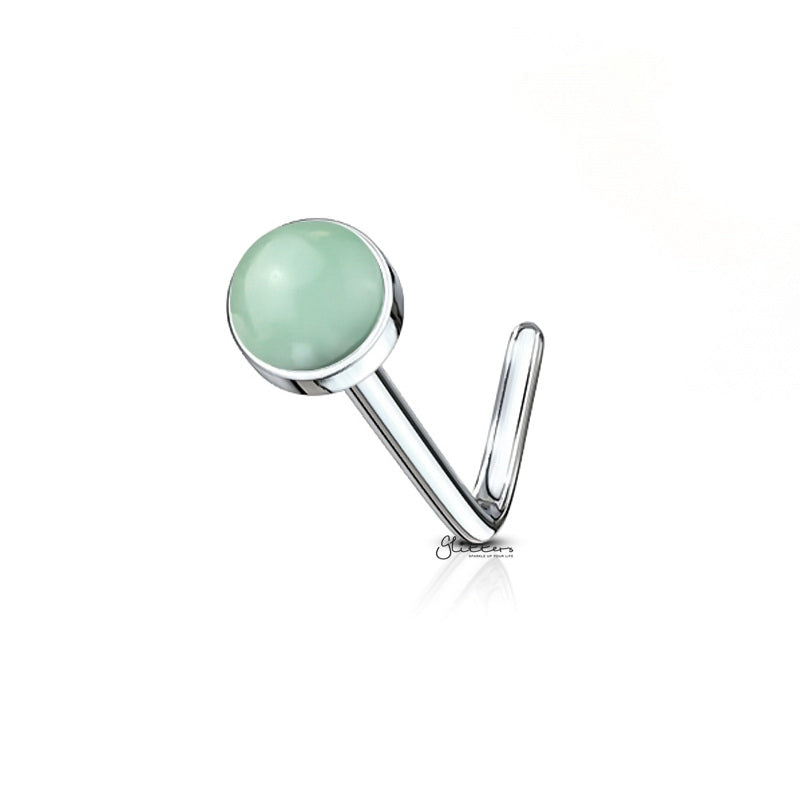 Jade Green Stone Set L Bend Nose Stud Ring-Body Piercing Jewellery, L Bend, Nose Piercing Jewellery, Nose Studs-SemiPreciousStoneSetLBendNoseStudRing-Green_1-Glitters