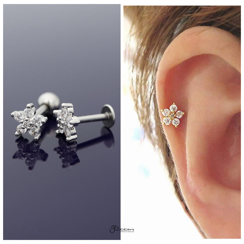 CZ Flower Cartilage Tragus Piercing Earring - Silver-Body Piercing Jewellery, Cartilage, Cubic Zirconia, earrings, Jewellery, Tragus, Women's Earrings, Women's Jewellery-TG0026-2-Glitters