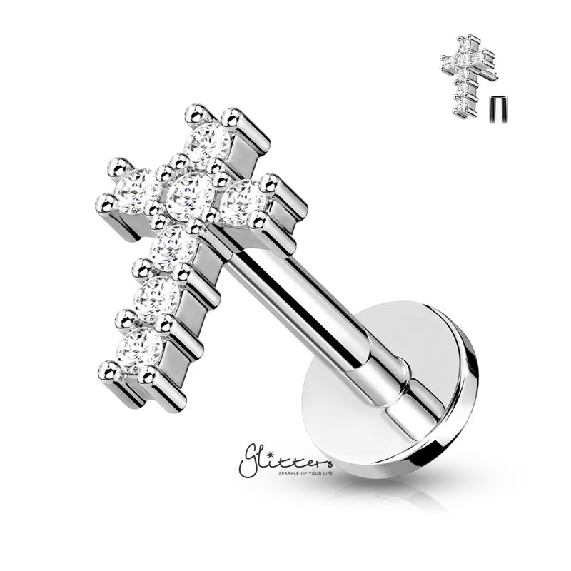 CZ Cross Tragus Cartilage Barbell Stud - Silver-Body Piercing Jewellery, Cartilage, Cubic Zirconia, Jewellery, Tragus, Women's Earrings, Women's Jewellery-TG0133_2-Glitters