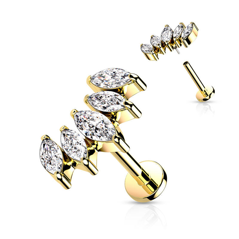 5 Marquise CZ Curved Top Flat Back Stud - Gold-Body Piercing Jewellery, Cartilage, Cubic Zirconia, Jewellery, Labret, Tragus, Women's Earrings, Women's Jewellery-TG0135-G-Glitters