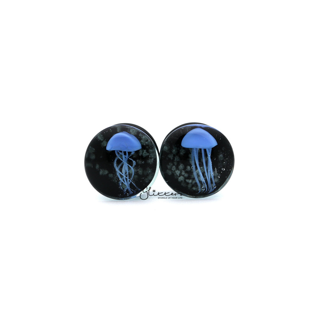 Pyrex Glass Jellyfish Double Flare Black Back with Sparkles Background Tunnel Plugs-Body Piercing Jewellery, Plug, Tunnel-TL0046_1000-03-Glitters