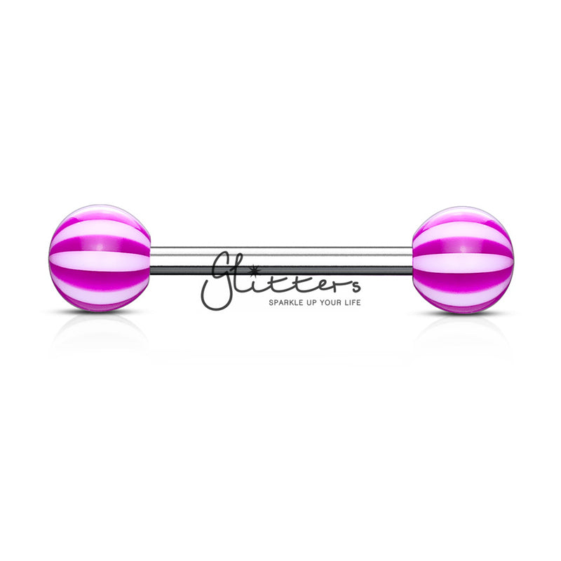 Purple Candy Stripe Acrylic Ball with Surgical Steel Tongue Bar-Body Piercing Jewellery, Tongue Bar-TR0001-Candy1-Glitters