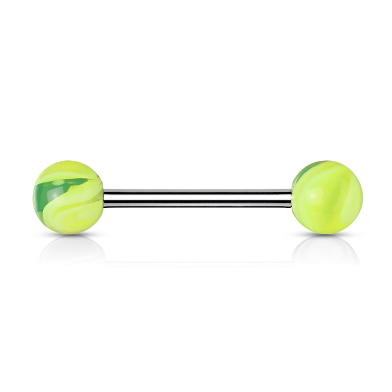 Green Marble Acrylic Ball with Surgical Steel Tongue Barbell-Body Piercing Jewellery, Tongue Bar-TR0012-G-Glitters