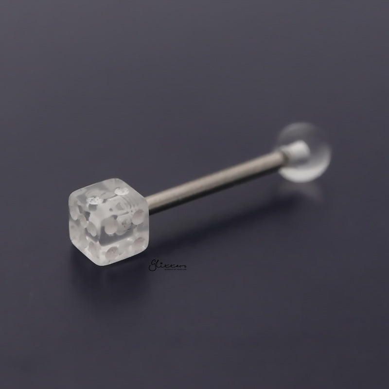 Acrylic Dice Tongue Barbell - Clear-Body Piercing Jewellery, Tongue Bar-TR0027-C_800-Glitters