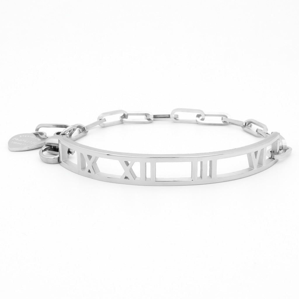 Stainless Steel Roman Numerals Bracelet with Heart Charm - Silver-Bracelets, Jewellery, New, Stainless Steel, Stainless Steel Bracelet, Women's Bracelet, Women's Jewellery-WB0012-S1_1-Glitters