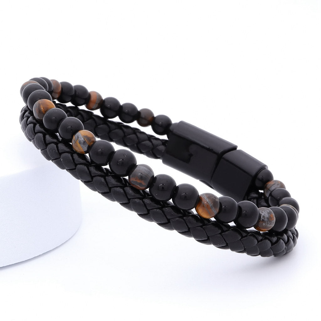 Tiger Eye Beads with Black Braided Leather Bracelet-Bracelets, Jewellery, leather bracelet, Men's Bracelet, Men's Jewellery, New, Stainless Steel-bcl0226-2_1-Glitters
