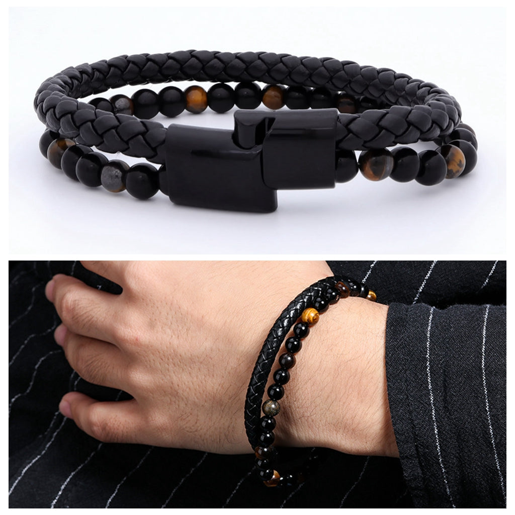 Tiger Eye Beads with Black Braided Leather Bracelet-Bracelets, Jewellery, leather bracelet, Men's Bracelet, Men's Jewellery, New, Stainless Steel-bcl0226-3_2-Glitters