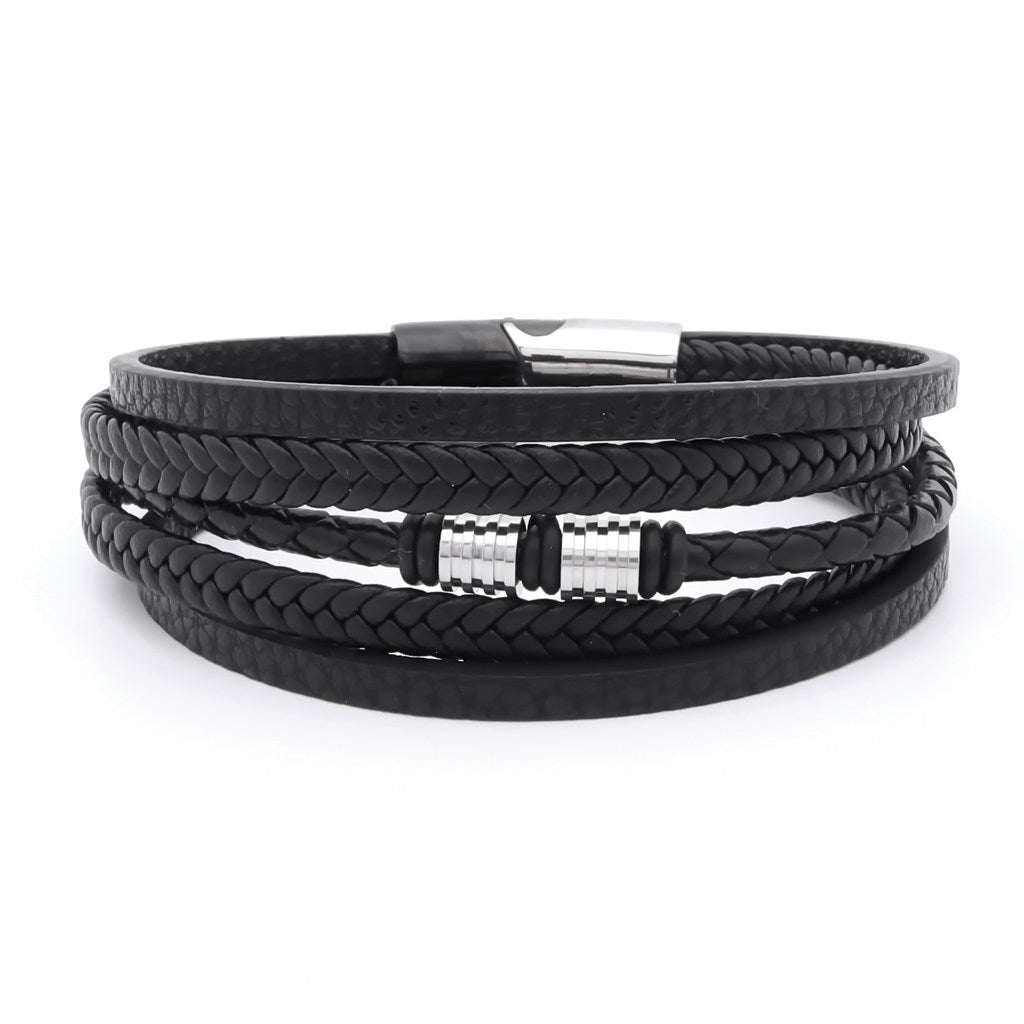 Multilayer Black Leather Bracelet-Bracelets, Jewellery, leather bracelet, Men's Bracelet, Men's Jewellery, New, Stainless Steel-bcl0234_1-Glitters
