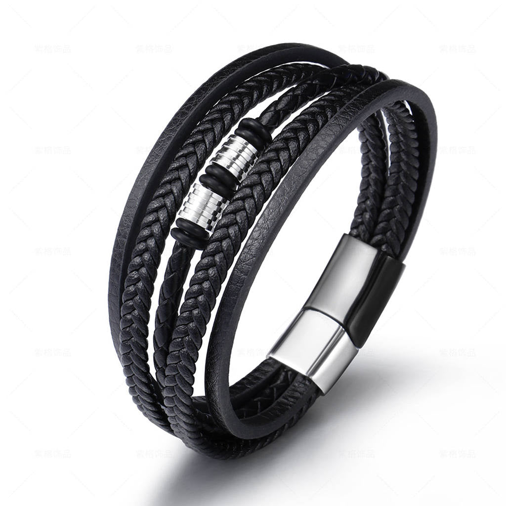 Multilayer Black Leather Bracelet-Bracelets, Jewellery, leather bracelet, Men's Bracelet, Men's Jewellery, New, Stainless Steel-bcl0234_4-Glitters