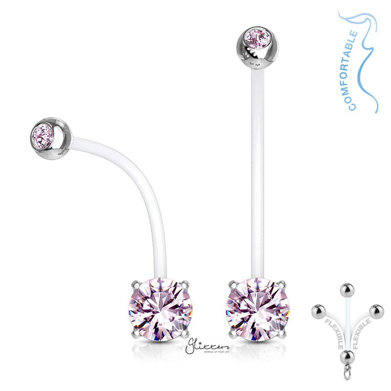 Double Jeweled Prong Set Round CZ Pregnancy Bioflex Belly Ring - Pink-Belly Ring, Bio Flex, Body Piercing Jewellery, Cubic Zirconia, Pregnancy, Retainer-bj0220-P-Glitters