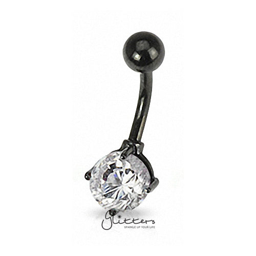 Black Titanium Ion Plated Over Surgical Steel Prong Set Belly Ring-Clear-Belly Ring, Body Piercing Jewellery, Cubic Zirconia-bj0221-0-Glitters
