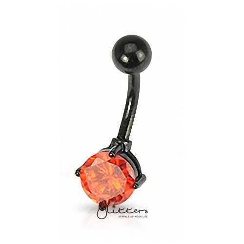 Black Titanium Ion Plated Over Surgical Steel Prong Set Belly Ring-Red-Belly Ring, Body Piercing Jewellery, Cubic Zirconia-bj0221-r-1-Glitters