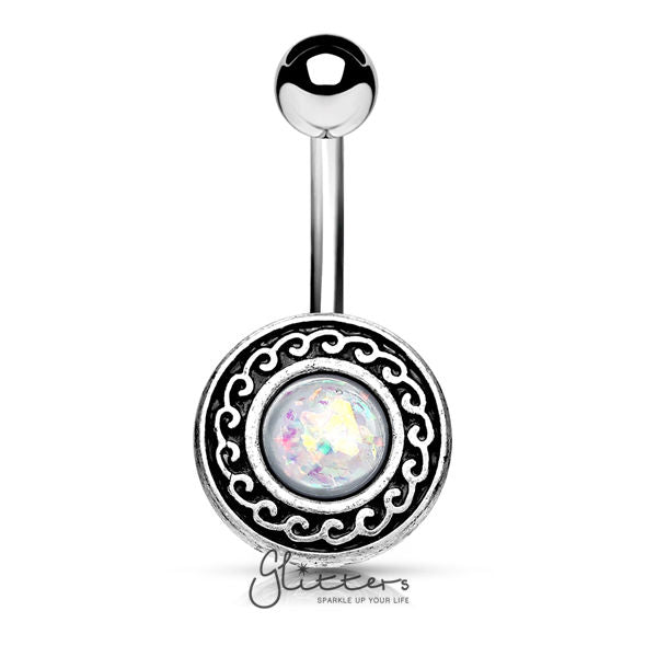 Antique Silver Plated Tribal Shield with Opal Glitter Center Belly Button Ring-Belly Ring, Body Piercing Jewellery-bj0281-Glitters