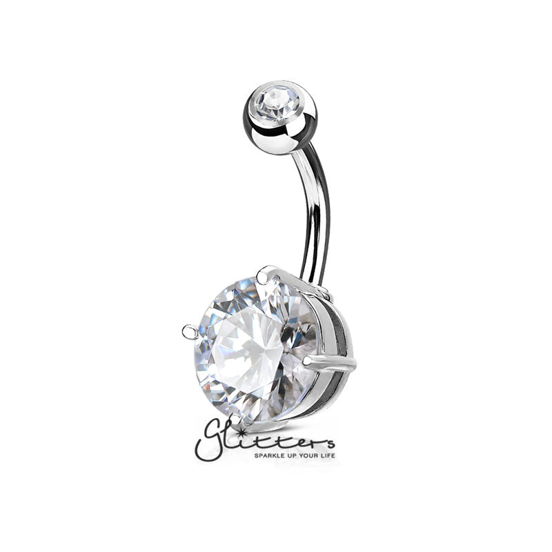 Double Gemmed Solitaire Round CZ Prong Set Belly Button Ring - Silver-Belly Ring, Body Piercing Jewellery, Cubic Zirconia-bj0288-silver-Glitters