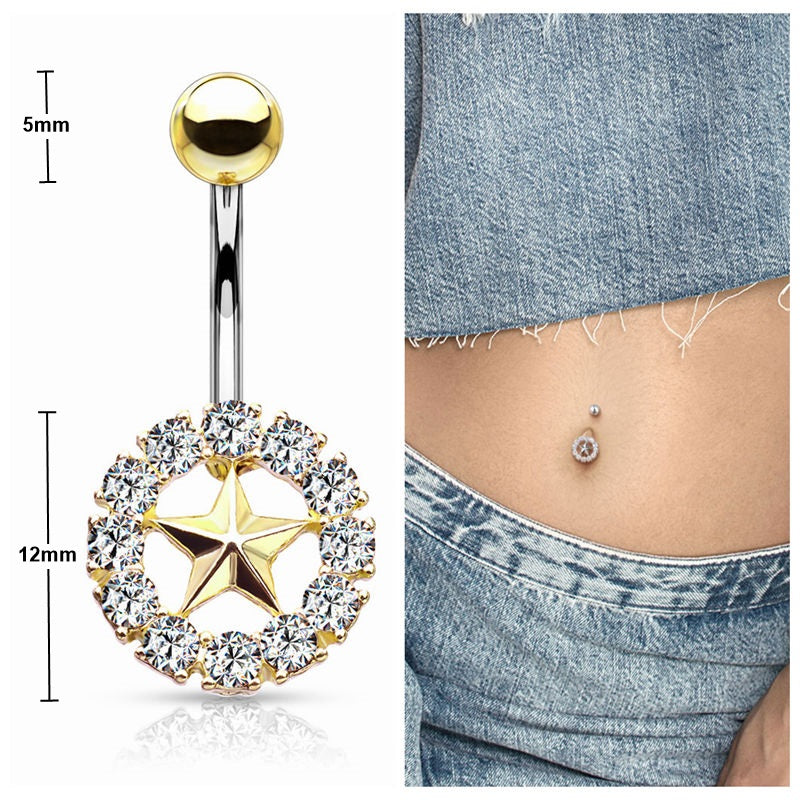 Star With Crystal Surroundings Belly Button Navel Ring - Gold-Belly Ring, Body Piercing Jewellery, Cubic Zirconia-1_New-Glitters