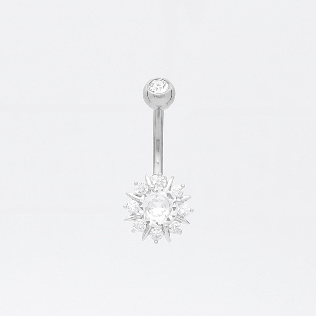 Round CZ Sunburst Belly Button Ring - Silver-Belly Ring, Body Piercing Jewellery, Cubic Zirconia, New-bj0363-1_1-Glitters
