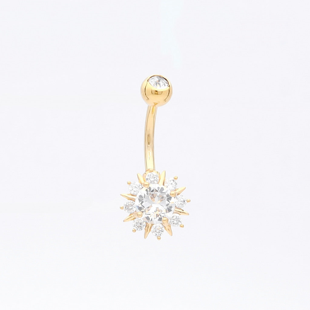 Round CZ Sunburst Belly Button Ring - Gold-Belly Ring, Body Piercing Jewellery, Cubic Zirconia, New-bj0363-G1_1-Glitters
